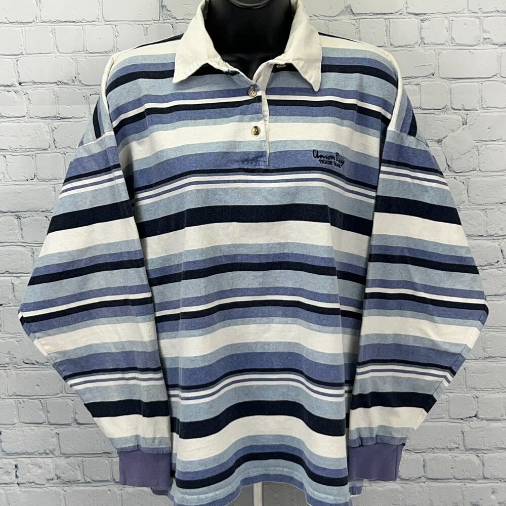 Vintage 90s UNIONBAY Striped Polo Shirt Long Sleeve Blue USA Womens M Medium